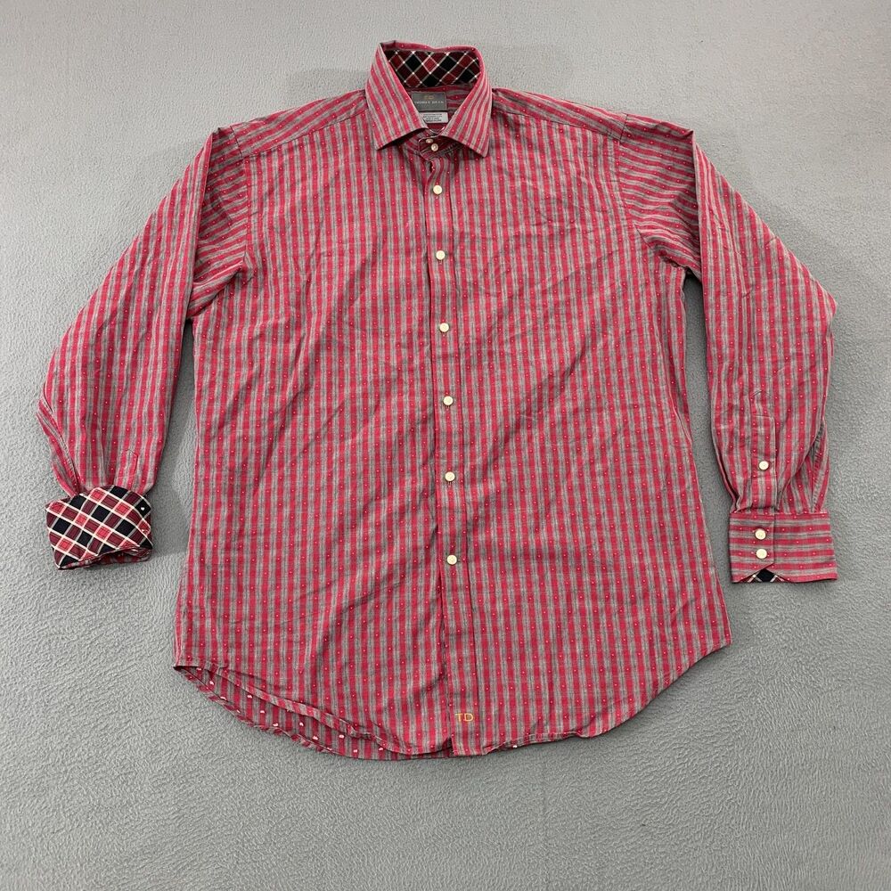 Thomas Dean Shirt Mens Large Red Stripe Flip Cuff Button Front Long Sleeve